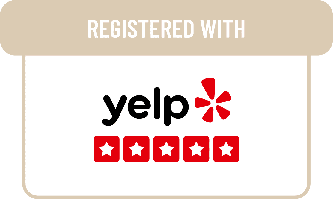 Yelp registration badge with five-star rating.