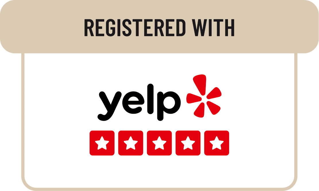 Logo indicating registration with Yelp and a five-star rating.