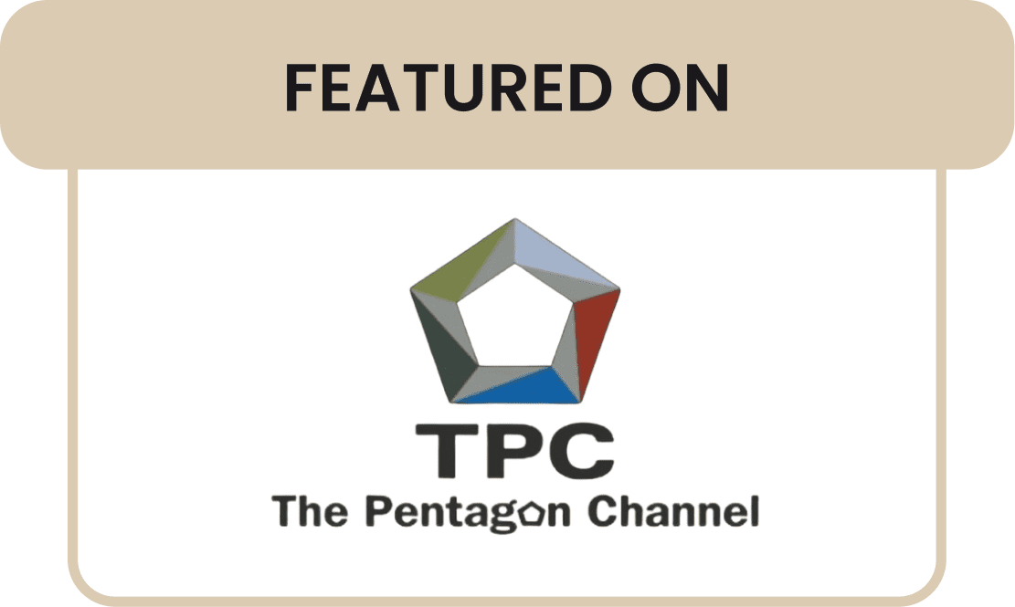 Logo of The Pentagon Channel featured on a beige background.