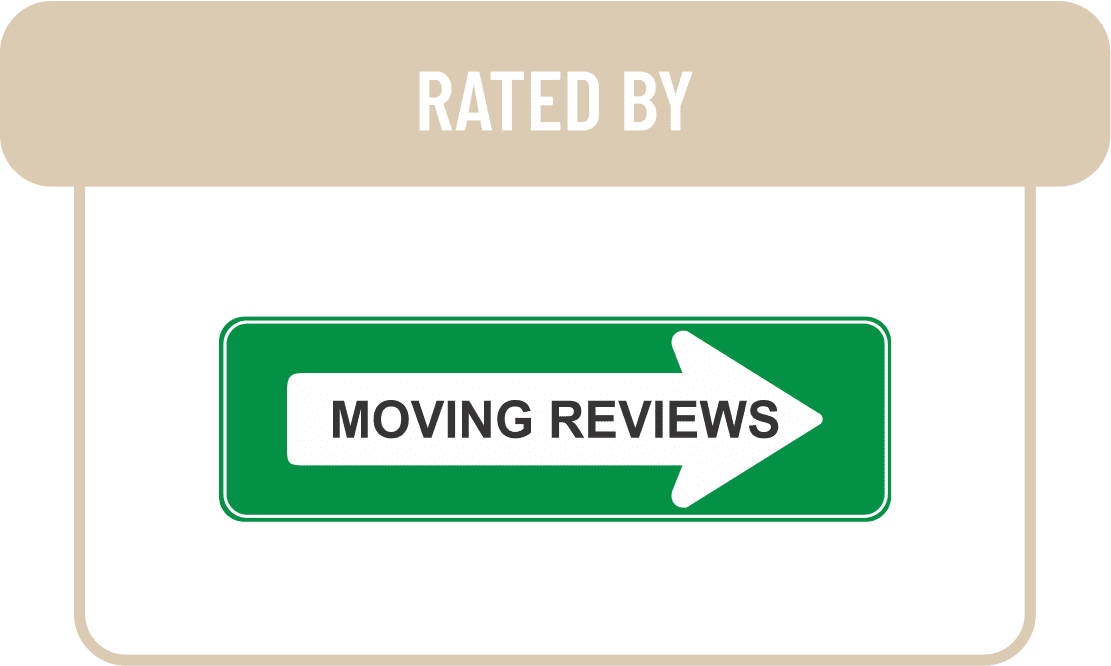 A sign reading 'MOVING REVIEWS' with an arrow pointing right, under the text 'RATED BY'.