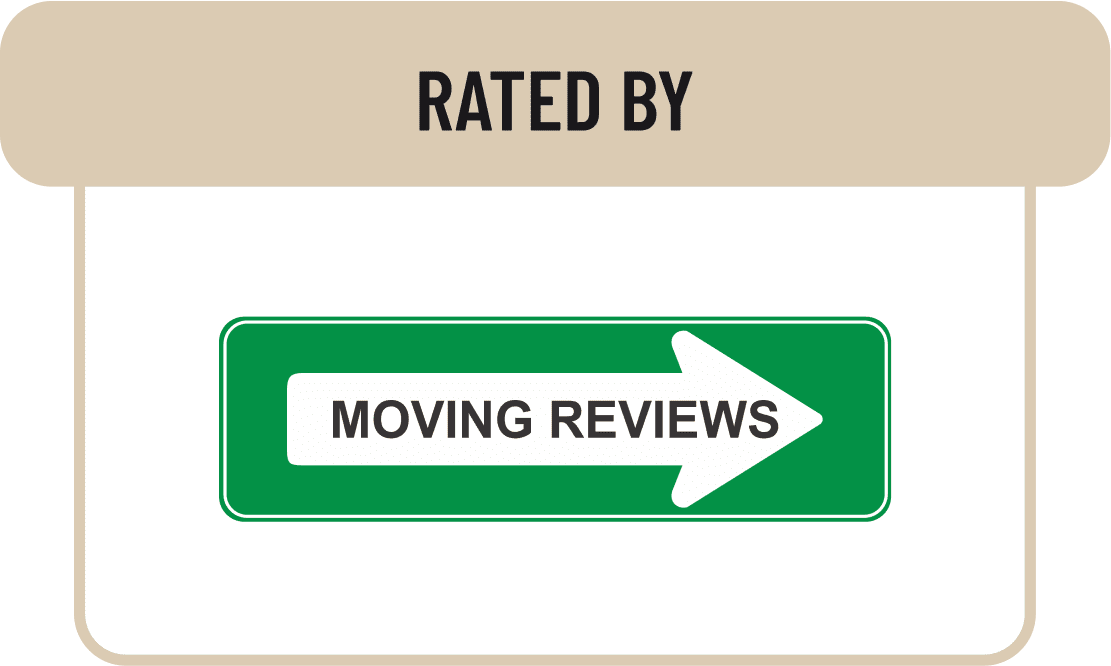Green sign with white arrow pointing right labeled 'MOVING REVIEWS'.