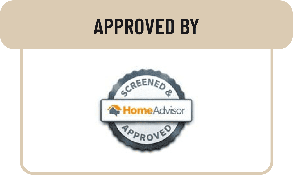 HomeAdvisor approved badge with a beige background.